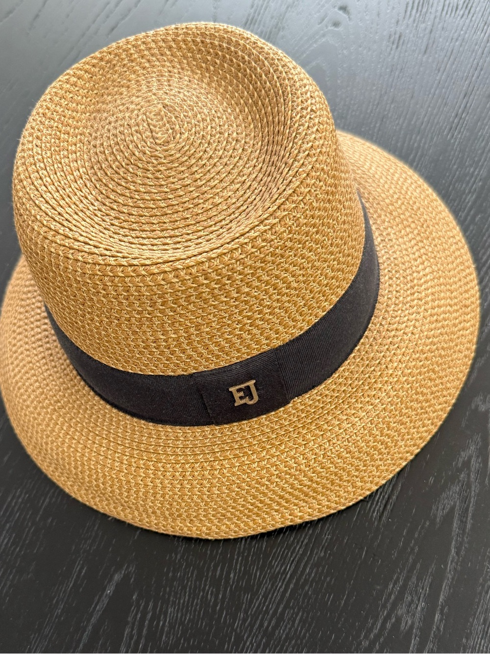 Eric Javits Tan Straw Fedora with Black Band and EJ Logo